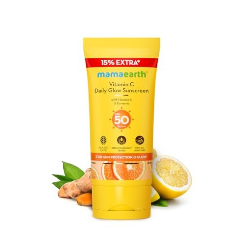 Mamaearth Vitamin C Daily Glow Sunscreen with Vitamin C & Turmeric | For Sun Protection, Tan Protection & Glow | SPF 50 & PA++++ Protection | No White Cast | Lightweight & Non-Sticky | Brightens Skin | In-Vivo Tested | For All Skin Types | 30g + 15% extra Mamaearth Vitamin C Daily Glow Sunscreen with Vitamin C & Turmeric | For Sun Protection, Tan Protection & Glow | SPF 50 & PA++++ Protection | No White Cast | Lightweight & Non-Sticky | Brightens Skin | In-Vivo Tested | For All Skin Types | 30g + 15% extra