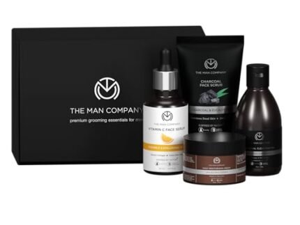 The Man Company on Point Facial Kit with Vitamin C Serum, Charcoal Face Wash & Face Scrub, daily Moisturizing Cream | Soft & Supple Skin | Anniversary Gift Set |