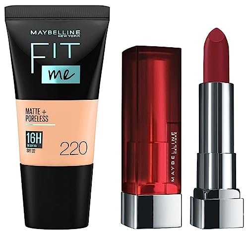 Maybelline New York Liquid Light Coverage Foundation For Oily Skin,Matte&Poreless,Fit Me,220 Natural Beige& Color Sensational Creamy Matte Lipstick,695 Divine Wine,3.9G.,Pack Of 1 Maybelline New York Liquid Light Coverage Foundation For Oily Skin,Matte&Poreless,Fit Me,220 Natural Beige& Color Sensational Creamy Matte Lipstick,695 Divine Wine,3.9G.,Pack Of 1