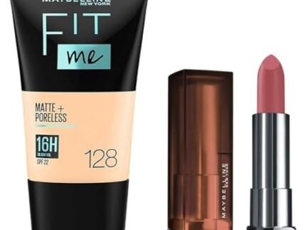 Maybelline New York Matte Lipstick, Intense Colour, Moisturised Lips, 507 Almond Pink, 3.9g & Maybelline New York Liquid Foundation, Matte & Poreless, Fit Me, 128 Warm Nude, 18 ml