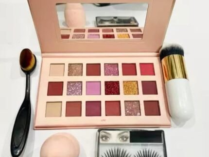 18 Pcs Multi-Palette Bright Shimmer Blendable Face Cosmetics Blusher Bright Shimmer Face Makeup Plate With Mirror Combo of 5 Products -Oval Makeup Brush + Bullet Makeup Brush + Makeup Puff + Eyelashes