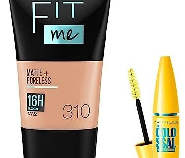 Maybelline New York Fit Me Matte+Poreless Liquid Foundation Medium Coverage For Oily Skin Powder Tube,310 Sun Beige,18Ml And New York Volume Express Colossal Masacara,Waterproof,Black,10G,Pack Of 1
