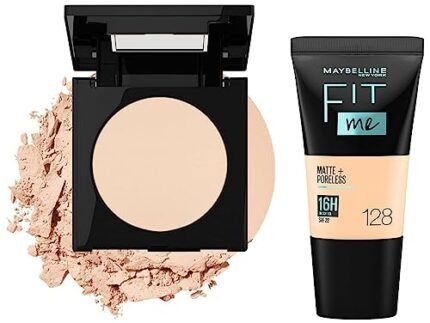 Maybelline New York Fit Me Matte Poreless Powder For Oily,All Skin Types,130 Buff Beige,8.5G And Fit Me Matte+Poreless Liquid Foundation Medium Coverage Tube,128 Warm Nude,18Ml,Pack Of 1