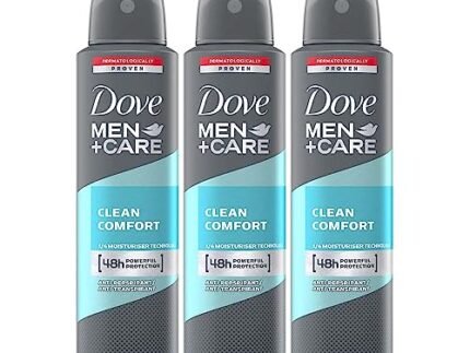 Dove Men+Care Clean Comfort Dry Spray Antiperspirant Deodorant, Up To 48 hrs Protection From Sweat & Odour, Instantly Dry for Cleaner Feel, Dermatologically Proven Formula, Soothes & Moisturises Skin, Clean, Crisp Scent, 150 ml (Pack of 3)
