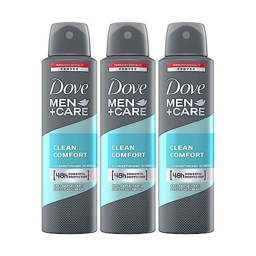 Dove Men+Care Clean Comfort Dry Spray Antiperspirant Deodorant, Up To 48 hrs Protection From Sweat & Odour, Instantly Dry for Cleaner Feel, Dermatologically Proven Formula, Soothes & Moisturises Skin, Clean, Crisp Scent, 150 ml (Pack of 3) Dove Men+Care Clean Comfort Dry Spray Antiperspirant Deodorant, Up To 48 hrs Protection From Sweat & Odour, Instantly Dry for Cleaner Feel, Dermatologically Proven Formula, Soothes & Moisturises Skin, Clean, Crisp Scent, 150 ml (Pack of 3)