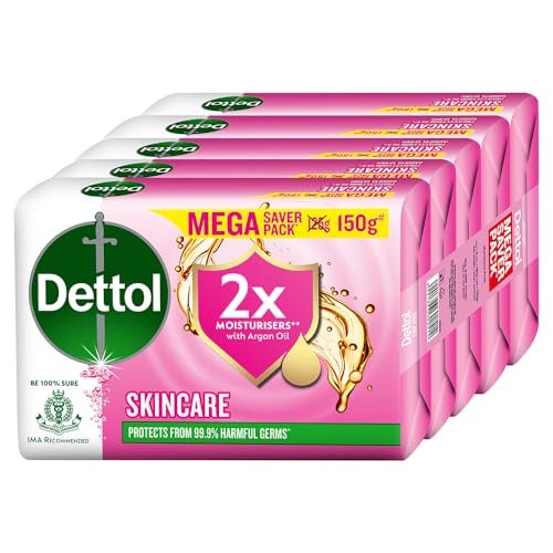 Dettol Skincare Moisturizing Beauty Bathing Soap Bar with Argan Oil (750gm) | Softer Skin, 150gm, Pack of 5 Dettol Skincare Moisturizing Beauty Bathing Soap Bar with Argan Oil (750gm) | Softer Skin, 150gm, Pack of 5