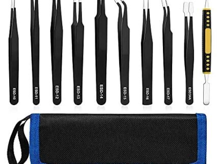 Alis 10 Pcs Precision ESD Tweezer Set Anti-Static Stainless Steel Tweezer kit for Craft, Jewelry, Electronics, Soldering, Repair Work with Storage Kit Bag