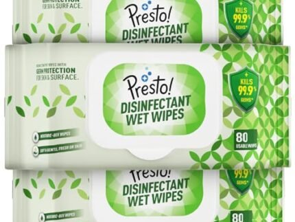 Amazon Brand – Presto! Disinfectant Wet Wipes With Lid | 240 Count | (80 Counts x Pack of 3) | Germ Protection for Skin and Surface