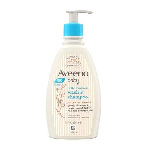 Aveeno Baby Daily Moisture Wash and Shampoo (354ml) | Cleanses hair & body | Oat kernel extract & glycerin | Tear-free, soap-free, paraben-free, hypoallergenic | US #1 Pediatrician recommended Aveeno Baby Daily Moisture Wash and Shampoo (354ml) | Cleanses hair & body | Oat kernel extract & glycerin | Tear-free, soap-free, paraben-free, hypoallergenic | US #1 Pediatrician recommended