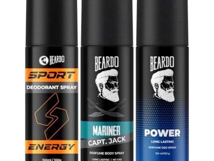 BEARDO Sport Energy Deodorant Spray for Men 150ml, Mariner Captain Jack 120ml & Power Perfume Deo 150ml (Set of 3)