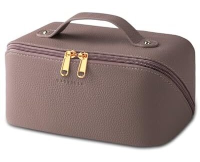 Batfield Cosmetic Bag For Women,Litchi Pu Leather Makeup Pouch For Women,Large Capacity Cosmetic Travel Bag,Portable Makeup Kit Storage Bag With Handle And Divider,Makeup Organizer Bag (Pink),12 cm