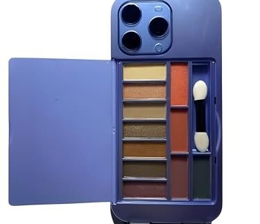 Beauty Makeup Kit in iPhone-Shaped Case | Includes Long-Lasting Brightening Complexion and Highlight Blush Palette with Mirror (Blue)