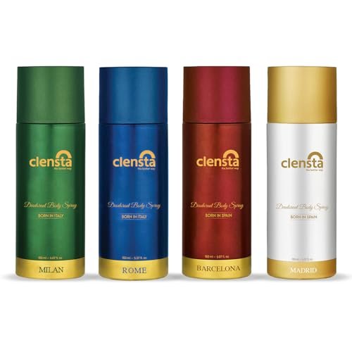 Clensta Deodorant for Men Combo Pack of 4 Body Spray 150ml x 4 | Long Lasting | Gift for Men Boyfriend Husband (Milan, Rome, Barcelona, Madrid) Clensta Deodorant for Men Combo Pack of 4 Body Spray 150ml x 4 | Long Lasting | Gift for Men Boyfriend Husband (Milan, Rome, Barcelona, Madrid)