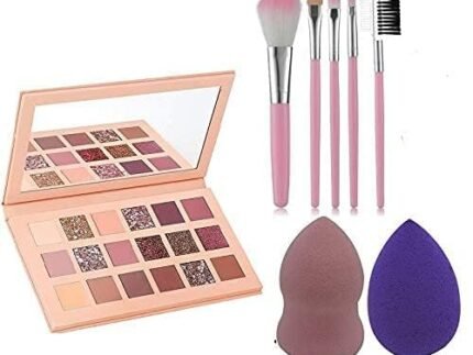 Combo Of Nude Eye Shadow Palette With 5 Pcs Pink Makeup Brushes And 2 Makeup Sponge Puffs Shimmery Matte Finish Shadow (Multi)