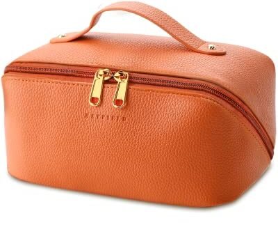 Cosmetic Bag for Women, Litchi Pu Leather Makeup Pouch for Women, Large Capacity Cosmetic Travel Bag,Portable Makeup Kit Storage Bag with Handle&Divider, Makeup Organizer Bag (Orange), 12 cm