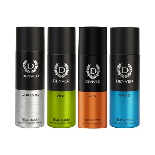 DENVER Black Code, Goat, Saxe & Vibe Deodorant For Men- 150ML Each, Pack of 4| Long Lasting Deodorant Body Spray DENVER Black Code, Goat, Saxe & Vibe Deodorant For Men- 150ML Each, Pack of 4| Long Lasting Deodorant Body Spray