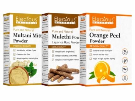 Elecious Mulethi Powder, Multani Powder and Orange Peel Powder Combo (200 grams each = 600 grams Total) For Instant Glow, Brighten Complexion and De-tanning