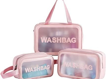 FLYNGO Pvc Clear Makeup Pouch Set, Cosmetic Organizer Bag for Women and Girls Travel Waterproof Toiletry Storage Kit (Set of 3 Light Pink)