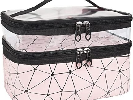 FLYNGO Pvc Double Layer Cosmetic Bag Organizer Makeup Pouch For Women Travel Cosmetics Case Toiletry Bags For Girls (Pink Diamond)