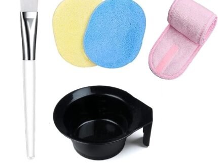 Facial Mask Applicator Brush with Bowl | Face Pack Makeup Cosmetic Soft Brush | 2 Face Cleaning Sponges | Women’s Polycotton Elasticized Adjustable Head Wrap Facial Headband COMBO