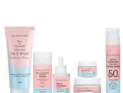 Glamveda Korean Glass Skin Rice Ceramide 6 Step Skincare Kit for Glowing Skin | Face Wash, Face Serum, Moisturizer Cream, Toner, Sunscreen SPF 50 PA+++, Under Eye Cream | Skincare Gift Set for Woman