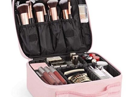 INOVERA (LABEL) Nylon Makeup Organizer Bag for Women, Girls & Bride – Travel Cosmetic Kit Storage Organiser – Toiletry Vanity Box with Adjustable Compartment, 26l x 23b x 9h cm (Rose Gold)