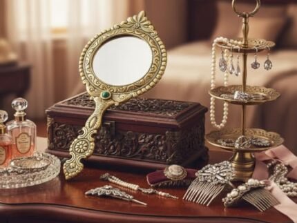 KridayKraft Beautifully Carved Round Shape Framed Gold Plating Metal Hand Mirror For Makeup, Travelling, Salon Mirror & Decorative Mirror Antique Item For Wedding Gifts.