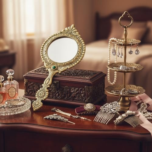 KridayKraft Beautifully Carved Round Shape Framed Gold Plating Metal Hand Mirror For Makeup, Travelling, Salon Mirror & Decorative Mirror Antique Item For Wedding Gifts. KridayKraft Beautifully Carved Round Shape Framed Gold Plating Metal Hand Mirror For Makeup, Travelling, Salon Mirror & Decorative Mirror Antique Item For Wedding Gifts.