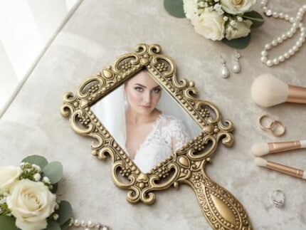 KridayKraft Beautifully Carved Square Shape Gold Plating Metal Hand Mirror for Makeup, Travelling, Salon Mirror & Decorative Antique Item, framed