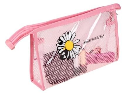 Kuber Industries Toiletry Pouch | Cosmetic Makeup Pouch | Vanity Pouch for Woman | Makeup Accessories Pouch | Transparent Net Pouch | Sunflower-Cosmetic Pouch | Pink