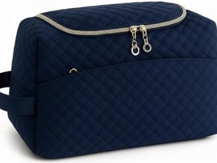 Lyrovo Makeup Pouch Bag for Women & Men – Quilted Travel Toiletry Organizer, Large Capacity Cosmetic Bag & Shaving Kit Pouch with Handle – Waterproof Travel Pouch (Navy Blue)