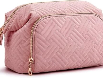 Lyrovo Polyester Travel Makeup Bag Cosmetic Bag Make Up Organizer Case Large Wide-Open Pouch for Women Purse for Toiletries Accessories Brushes (LY-136-COB-PINK, Baby Pink)