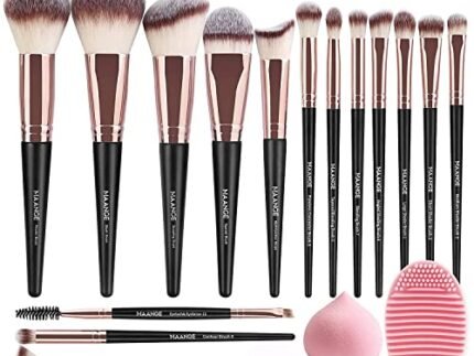 MAANGE Professional Makeup Brushes 15 Pcs Synthetic Makeup Brushes Set with 1 Makeup Sponge & 1 Brush Cleaner (Black Gold)