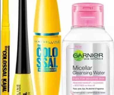 MAYBELLINE NEW YORK Sara's Eye Makeup Favourites (Colossal Kajal, Colosal Bold Liner and Colossal Waterproof Mascara with Micellar 50ml Free) (Black, 144.3 g)