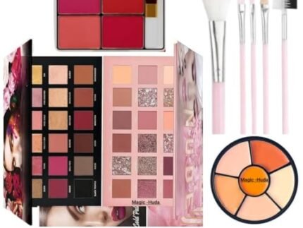 Magic Huda Professional Makeup Combo Kit for Women & Girls Of 5in1 nude Concealer Palette, Nude & Rose Gold Eyeshadow Palette with 5in1 Professional Brush & Blusher Palette