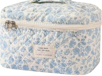 Makeup Bag Set for Women Cotton Quilted Cosmetic Pouch with Zipper- Medium Floral Toiletry Organizer Travel Kit for Skincare Hair Accessories | Pack of 1, Blue & White