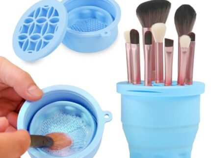 Makeup Brushes Cleaner Mat with Brush Storage Holder, Folding Portable Washing Tool for Makeup Brush Cleaning, 2 In 1 Silicone Brush Cleaner Pad & Cosmetic Brush Organizer Rack (Blue)