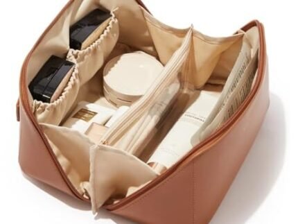 Makeup Cosmetic Bag for Women | Travel Makeup Organizer Pouch | Portable Leather Toiletry Bag with Handle | Wide Opening Cosmetic Case (Brown)