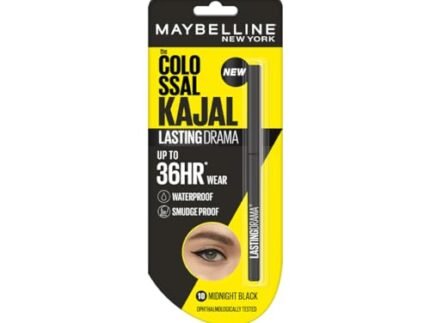 Maybelline New York Colossal Lasting drama Kajal – 36H Wear, Waterproof, Smudge Proof Kajal – 10 Midnight Black, 0.31g