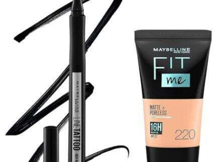 Maybelline New York Eyeliner, Intense Eyeliner, Black & Maybelline New York Liquid Foundation, Matte & Poreless, Full Coverage Blendable Normal to Oily Skin, Fit Me, 220 Natural Beige, 18ml