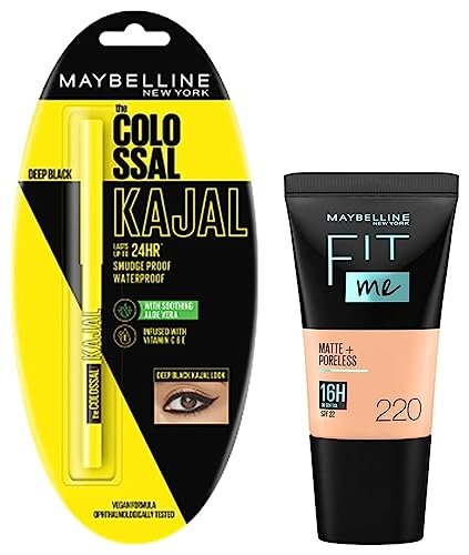 Maybelline New York Fit Me Matte+Poreless Liquid Foundation Medium Coverage For Oily Skin Tube, 220 Natural Beige, 18Ml And New York Colossal Kajal, Black, 0.35G, Pack Of 1 Maybelline New York Fit Me Matte+Poreless Liquid Foundation Medium Coverage For Oily Skin Tube, 220 Natural Beige, 18Ml And New York Colossal Kajal, Black, 0.35G, Pack Of 1