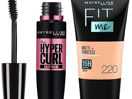 Maybelline New York Fit Me Matte+Poreless Liquid Foundation Tube, 220 Natural Beige, 18ml and Maybelline New York Hypercurl Mascara Washable, Black, 9.2ml