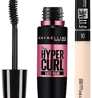 Maybelline New York Hypercurl Mascara Washable, Black, 9.2ml & Maybelline New York Fit Me Concealer,10 Light, 6.8ml