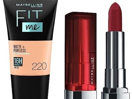 Maybelline New York Liquid Light Coverage Foundation For Oily Skin,Matte&Poreless,Fit Me,220 Natural Beige& Color Sensational Creamy Matte Lipstick,695 Divine Wine,3.9G.,Pack Of 1