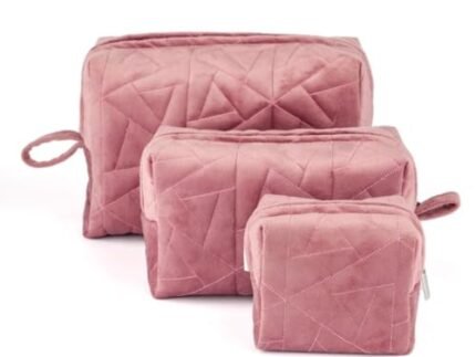 Nestasia Dusty Pink Quilted Cosmetic Bags Set of 3 for Women – Velvet Makeup Pouches with Waterproof Interiors for Storage & Travel | Cushioned Toiletry Bag of Different Sizes – Ideal for Gifting