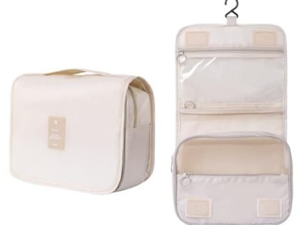 Nylon Large Capacity Portable Travel Toiletry Bag with Hanging Hook Waterproof Cosmetic Case Makeup Pouch Kit for Men Women with Carry Handle (Beige)