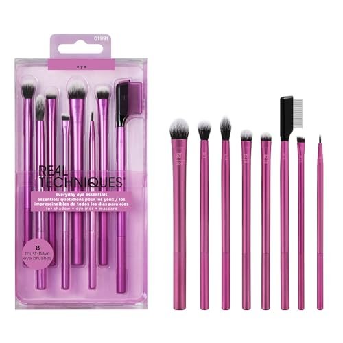 Real Techniques Eyeshadow Brush Set, Makeup with Gel Eyeliner, Flat Eye, and Eyelash Brushes, Purple, 8 Piece Real Techniques Eyeshadow Brush Set, Makeup with Gel Eyeliner, Flat Eye, and Eyelash Brushes, Purple, 8 Piece