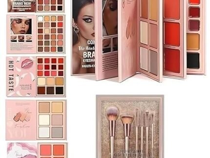 SKINPLUS All-in-One Makeup Book, Foldable Palette, Multi Shades, Contour, Blush, Highlight, Eyeshadow with Lipstick (Fashion Heart) with 6 pcs Face And Eye Makeup Brushes Set For Cream, Liquid And Powder Formulation