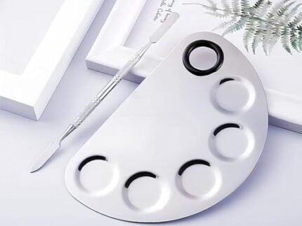 Stainless Steel Cosmetic 5 Dip Makeup Mixing Plate with Spatula Tool, Professional Cosmetic Mixing Makeup Palette for Women (Silver)