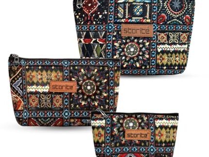 Storite Set of 3 Embroidery Printed Multipurpose Travel Pouch, Pouch for Cosmetic Stuffs, Women Makeup Organizer Bag, Aesthetic and Trendy - Orange